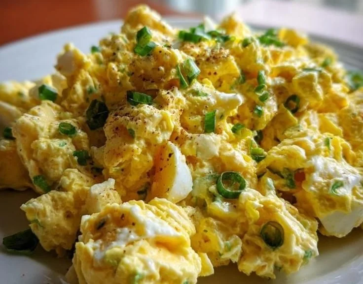 Bowl of classic egg salad made with eggs, mayonnaise, and seasoning