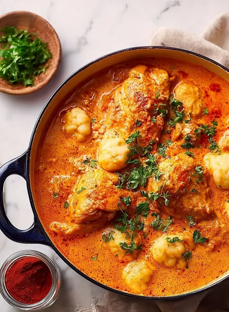 Delicious bowl of Classic Hungarian Chicken Paprikash with vibrant paprika sauce.
