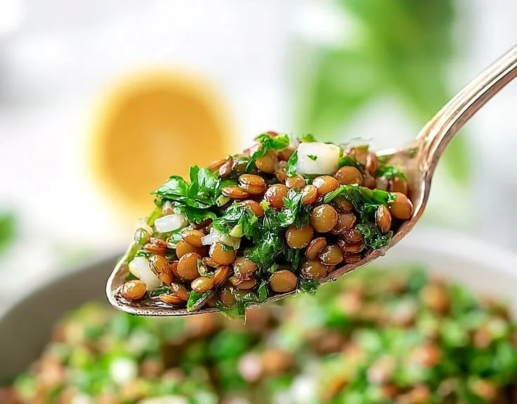 Bowl of Classic Lebanese Lentil Salad with fresh herbs and vegetables