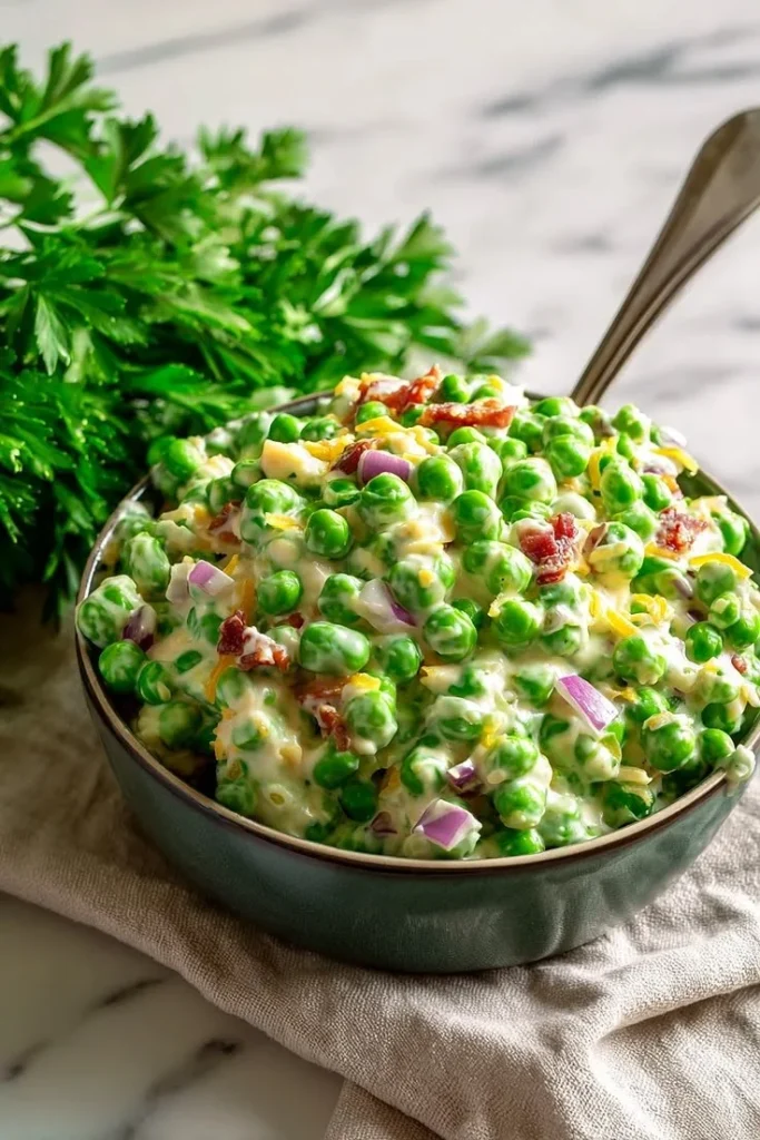 Classic Pea Salad with fresh peas, onions, and a creamy dressing