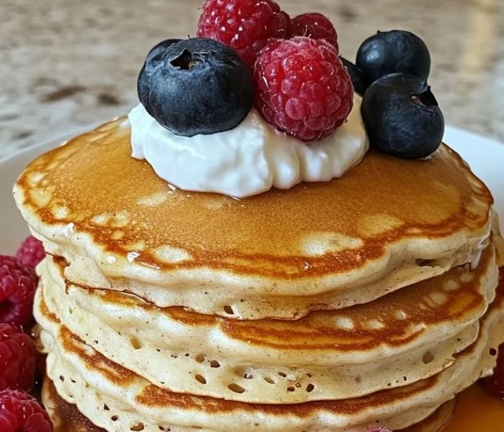 Stack of classic vanilla protein pancakes topped with fresh fruit and syrup