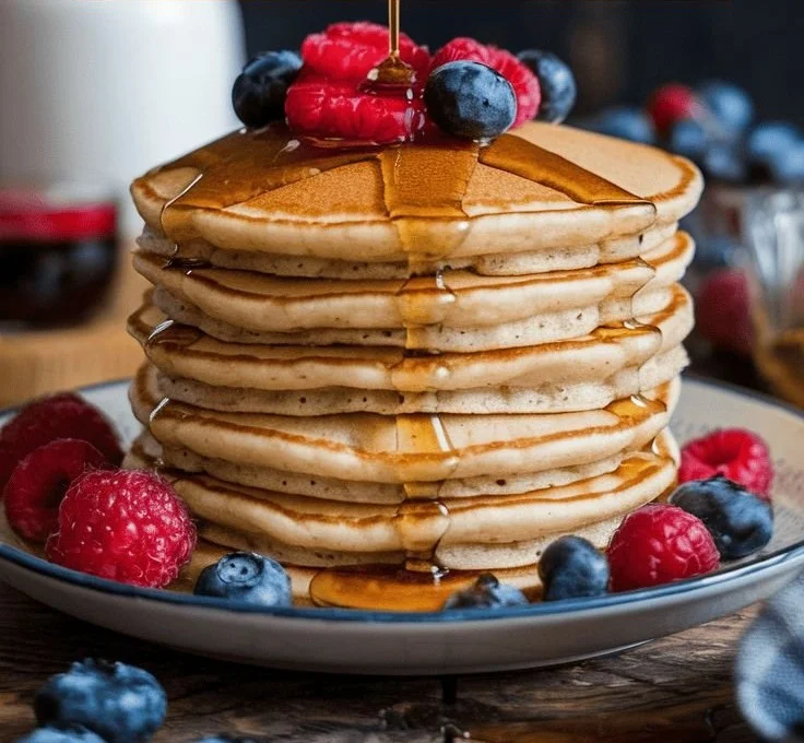 Delicious classic vanilla protein pancakes served with fresh berries
