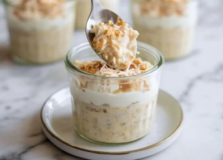 Bowl of coconut cream overnight oats topped with fruits and nuts