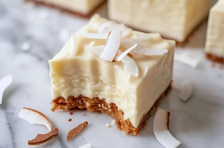 Delicious coconut rum snow squares topped with coconut flakes