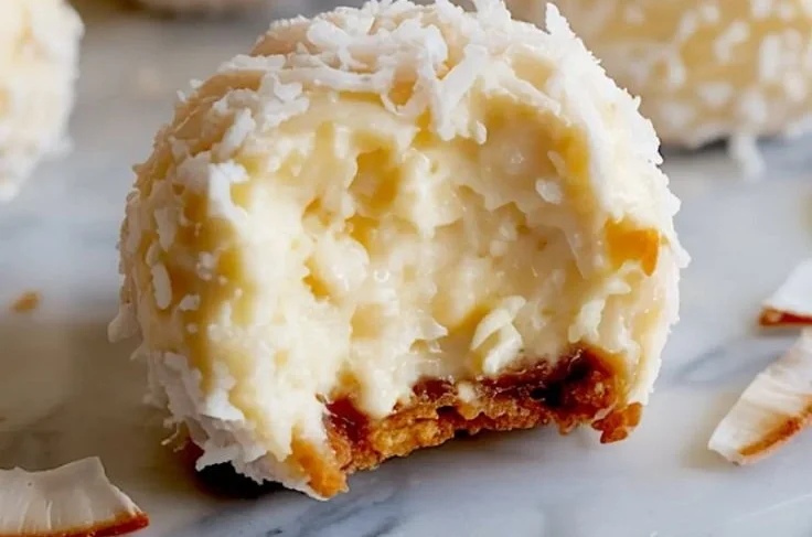 Coconut Snowball Cheesecake Bites topped with shredded coconut and chocolate drizzle