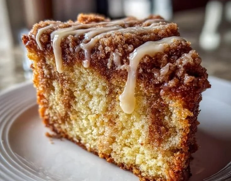 Freshly baked coffee cake with a crumbly topping and a slice taken out