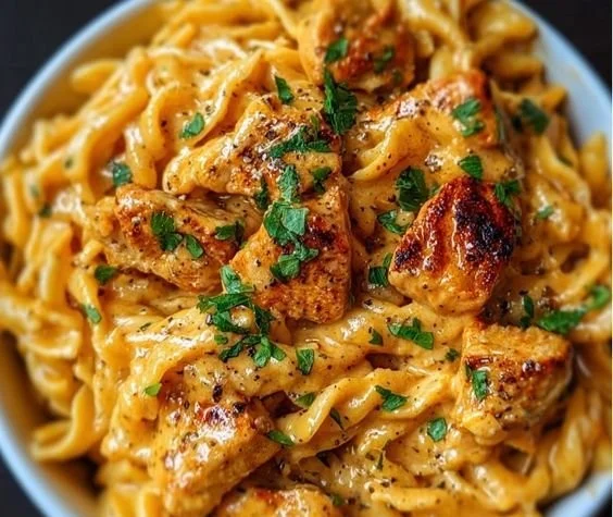 Cowboy Butter Chicken Pasta served in a bowl with fresh herbs garnish