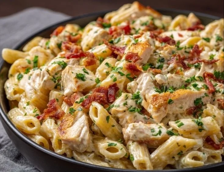 Creamy chicken bacon ranch pasta served in a bowl with herbs.