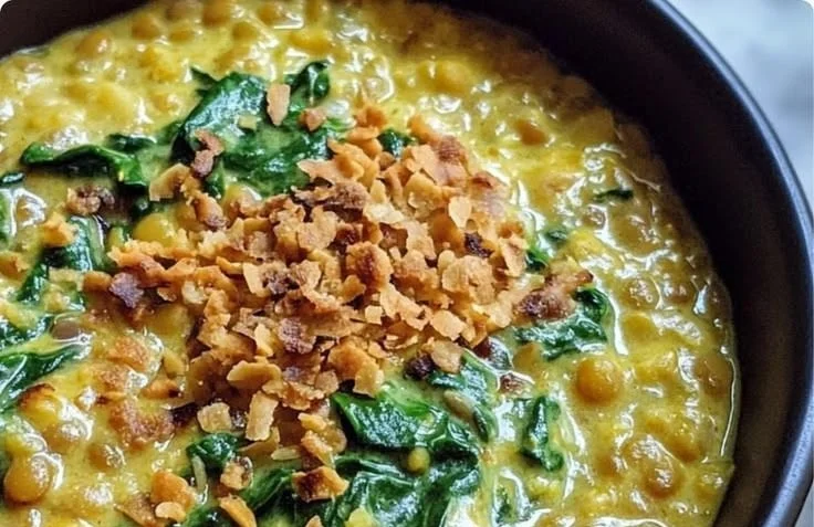 Creamy coconut spinach lentils in a bowl, garnished and ready to serve.