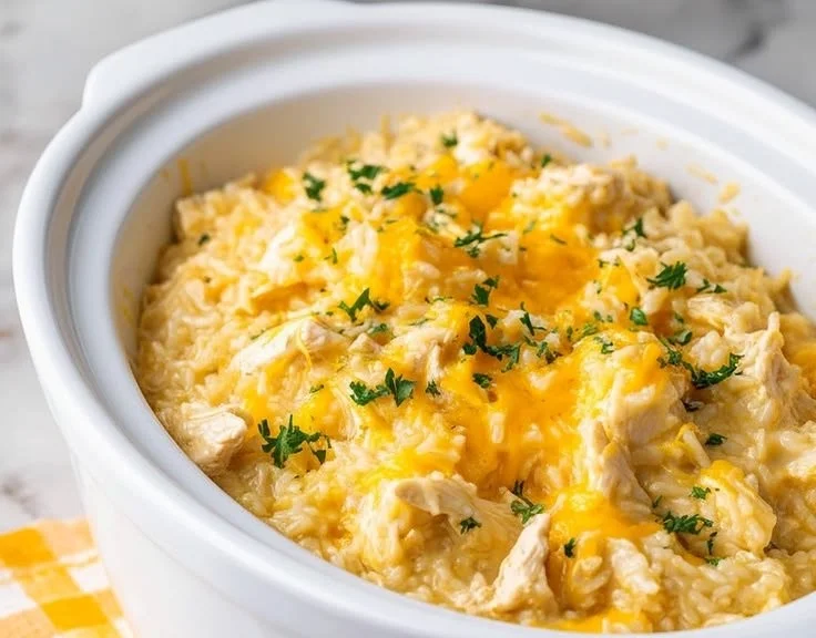 Creamy Crockpot chicken and rice casserole ready to serve