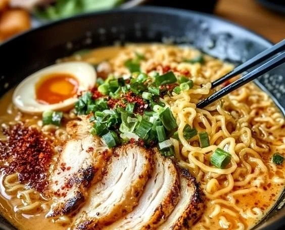 Creamy garlic chicken ramen bowl garnished with green onions and sesame seeds.