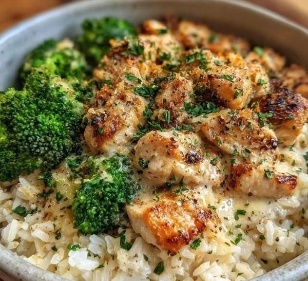 Creamy Garlic Chicken Rice Bowls with fresh herbs and colorful vegetables