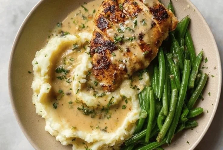 Creamy Garlic Parmesan Chicken Breast served on a plate with herbs