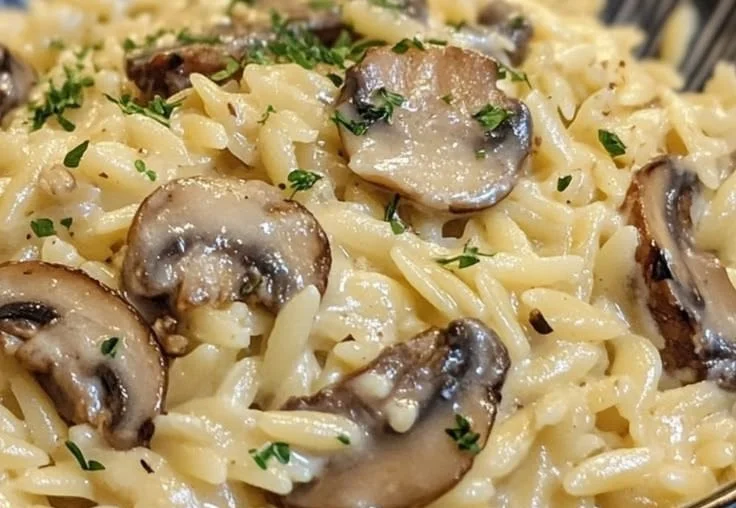 Creamy mushroom orzo dish garnished with herbs on a plate.