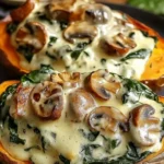 Creamy mushroom stuffed sweet potatoes topped with herbs and spices.
