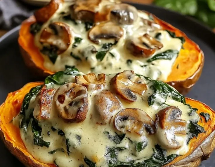 Creamy mushroom stuffed sweet potatoes topped with herbs and spices.