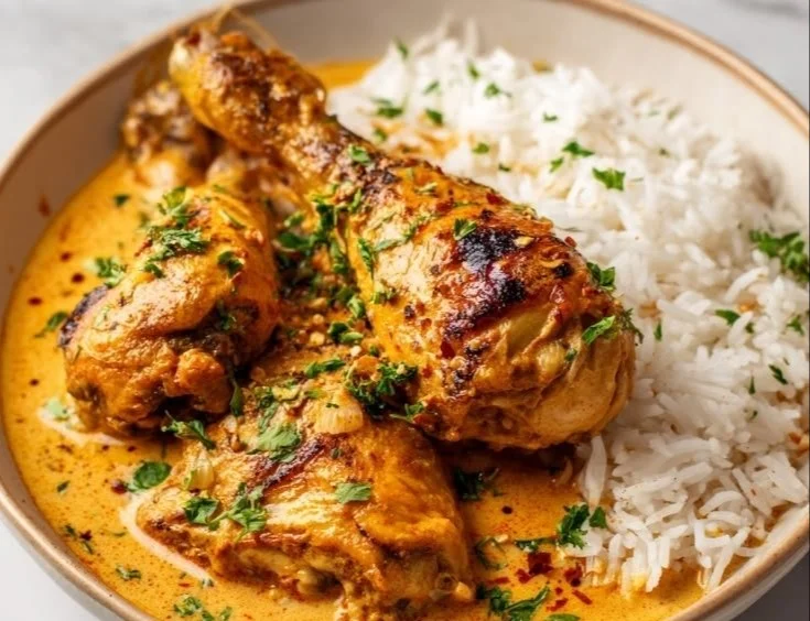 Creamy paprika chicken drumsticks served with steamed rice on a plate