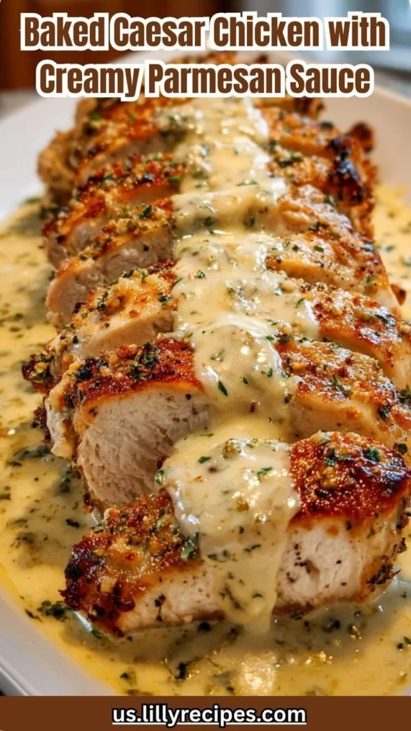 Creamy Parmesan Baked Caesar Chicken with fresh herbs on a plate