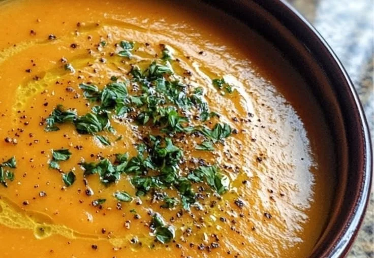 Creamy roasted carrot and ginger soup in a bowl garnished with fresh herbs.