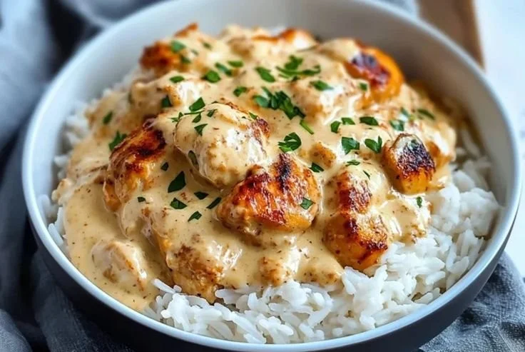 Delicious creamy smothered chicken served with rice in a bowl