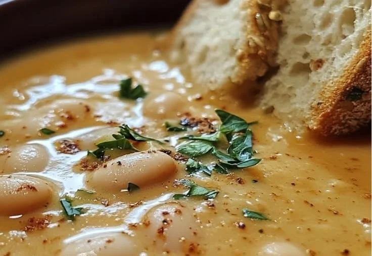 Bowl of creamy Tuscan White Bean Soup garnished with herbs and served with bread.