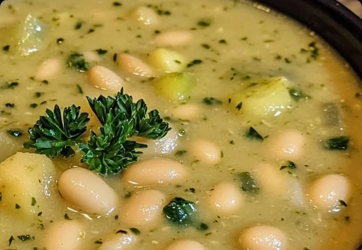 Bowl of creamy zucchini and white bean soup garnished with herbs