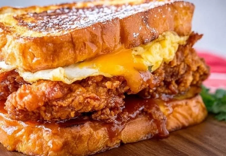Crispy French Toast Fried Chicken Sandwich on a plate with toppings