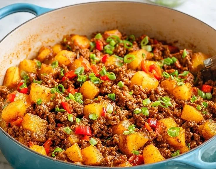 Crispy ground beef and potatoes dish served hot