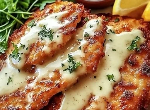 Crispy Malibu chicken served with creamy mustard sauce on a plate