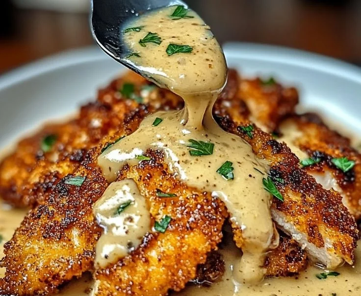 Crispy parmesan chicken drizzled with rich garlic sauce on a white plate.