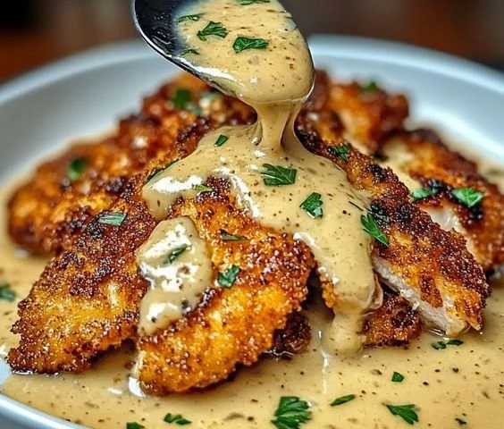 Crispy parmesan chicken served with rich garlic sauce on a plate