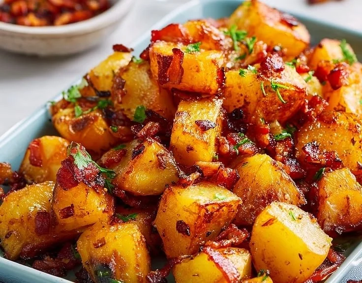 Crispy roasted potatoes topped with honey and bacon for a flavorful side dish