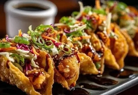 Crispy teriyaki chicken wonton tacos served on a plate garnished with fresh toppings.