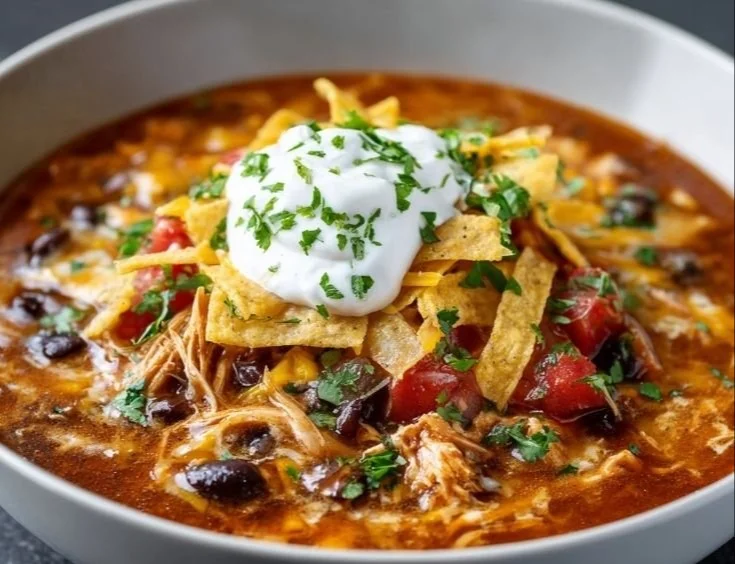 Crockpot Chicken Tortilla Soup served in a bowl topped with tortilla strips and cilantro
