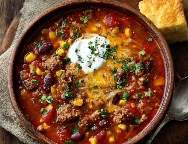 Bowl of hearty Crockpot Cowboy Soup with vegetables and beef.