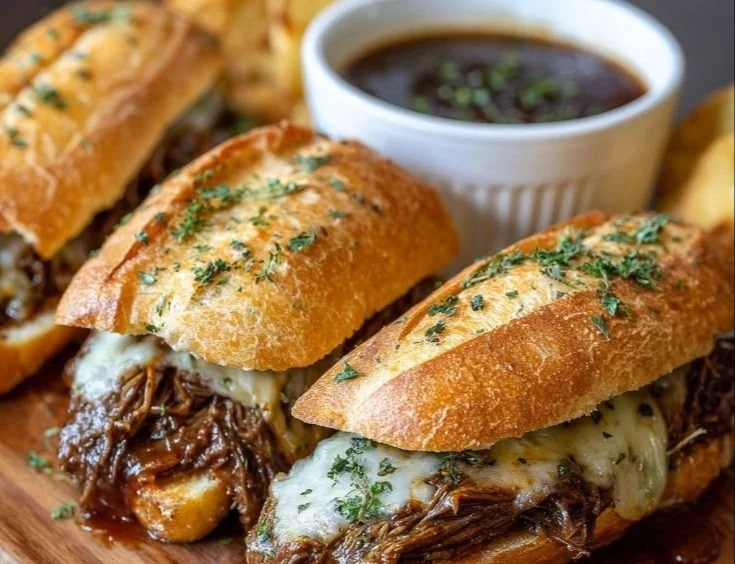Delicious Crockpot French dip sandwiches served with au jus