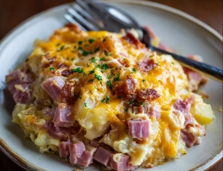 Crockpot Ham and Potato Casserole served in a dish