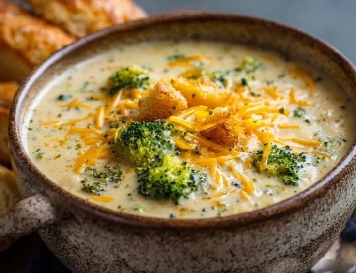Crockpot Potato Broccoli Cheddar Soup in a bowl with fresh broccoli and cheese