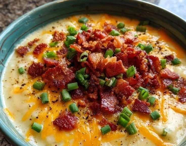 Bowl of creamy crockpot potato soup topped with chives and crispy bacon
