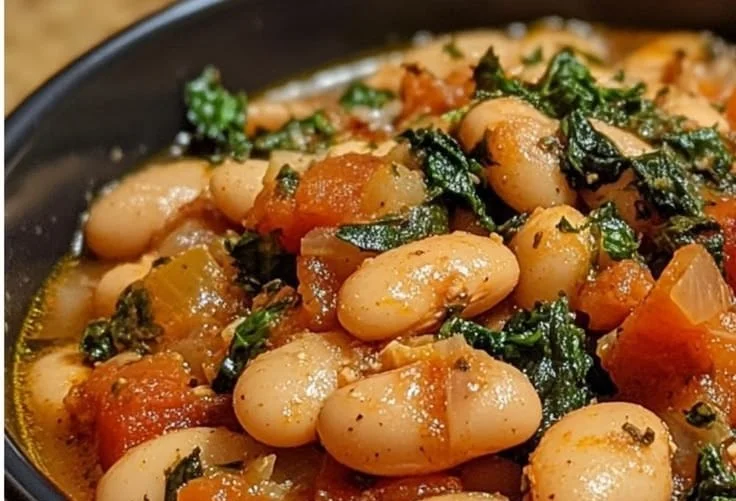 A bowl of hearty Crockpot Tuscan White Bean Stew with fresh herbs.