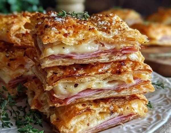 Crunchy ham and cheese puff pastry towers on a white plate