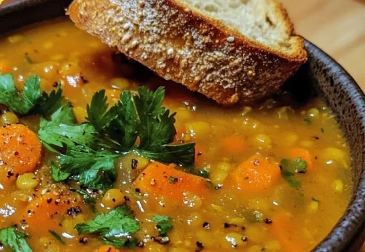 Bowl of curried carrot and lentil soup garnished with fresh herbs