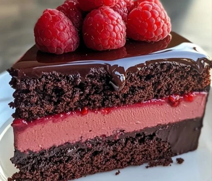 Delicious dark chocolate raspberry mousse cake topped with fresh raspberries.