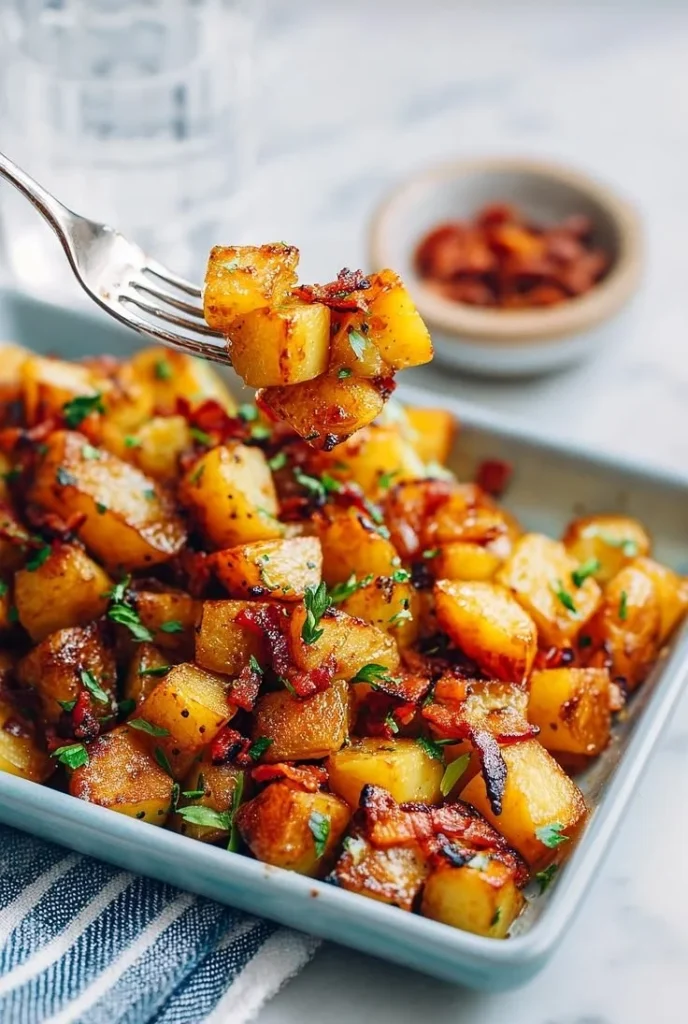 Delicious roasted potatoes drizzled with honey and crispy bacon