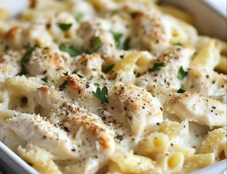Creamy Dump and Bake Chicken Alfredo dish on a plate
