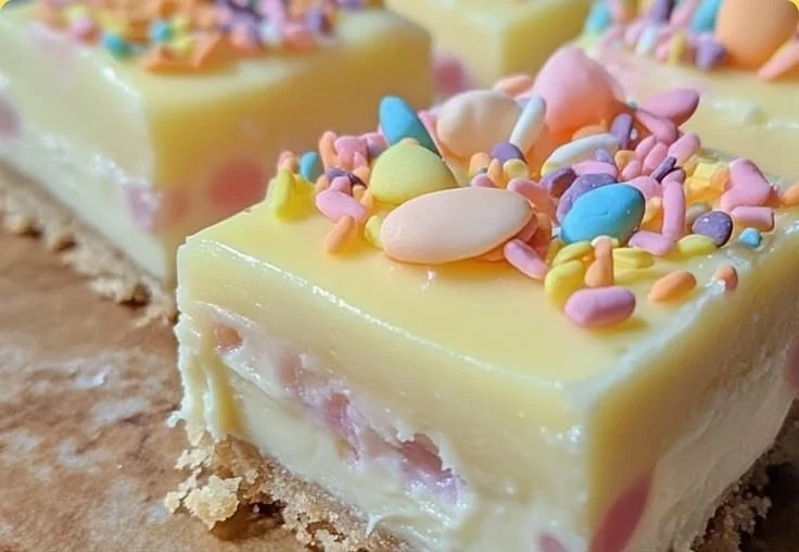 Easter Egg Lemon Cheesecake Bars with vibrant lemon topping and colorful egg decoration