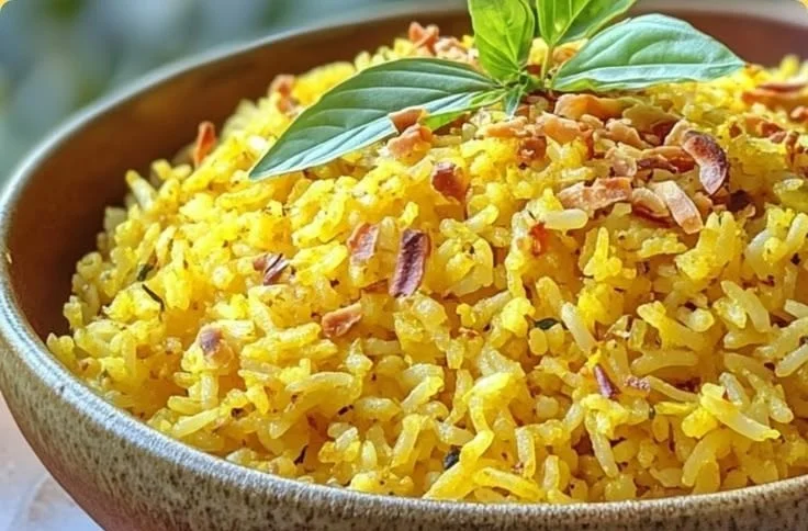 Bowl of easy Instant Pot coconut turmeric rice served with fresh herbs