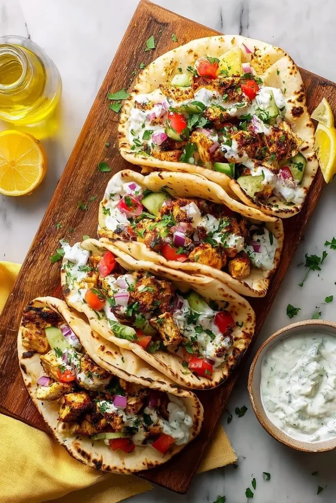 Delicious Mediterranean Chicken Tacos served on a plate with fresh toppings