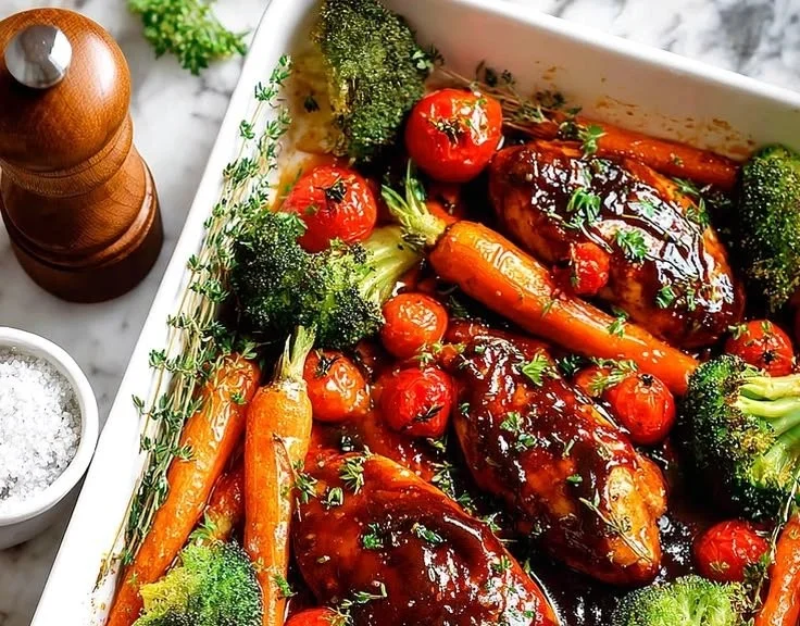 One pan balsamic chicken dinner ready to serve