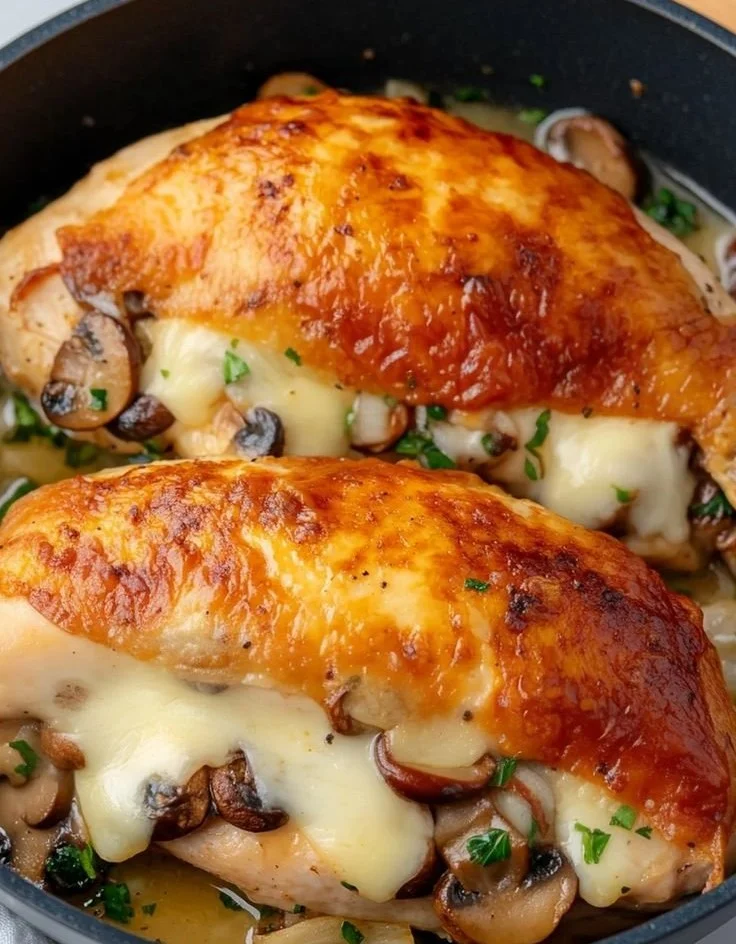 Delicious mushroom stuffed chicken breast ready to serve